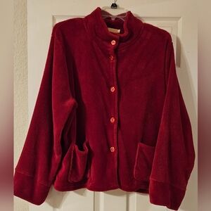 LA CERA Red Button-Up fleece Bed Jacket 2X